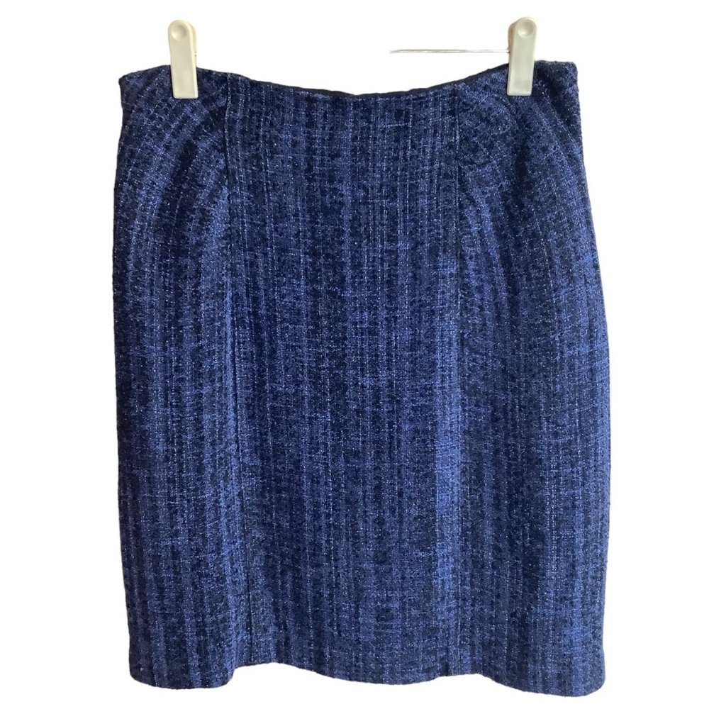 Nanette Lepore Pencil Skirt Women‎ Sz 6 Blue Lined Tweed Cotton Blend Flax